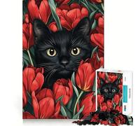 Puzzle da 1000 pezzi per ragazzi Gatto nero tra i tulipani,disegno ritagliato con precisione,gioco stimolante per la mente,ideale per rilassarsi,perfetto per il tempo libero a tema natalizio 50x75cm