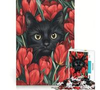 Puzzle da 1000 pezzi per ragazzi, gatto nero tra i tulipani, giocattolo fai-da-te, antistress intellettuale, adatto come decorazione da scrivania 38x52cm