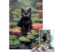 Puzzle da 1000 pezzi per ragazzi gatto nero tra le ninfee Giocattolo avvincente per coltivare la pazienza gioco pratico antistress regalo per compleanni (dimensioni 38x52cm)