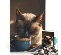 Puzzle da 1000 pezzi per ragazzi gatto siamese con tazza di caffè giocattolo fai da te migliora la memoria collezione d'artista belle arti 38x52cm