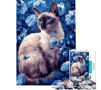 Puzzle da 1000 pezzi per ragazzi gatto siamese tra fiori blu sfida educativa ideale per le vacanze a casa per passare il tempo decorazione domestica giocattolo per ragazzi dai 14 anni in su (50x75cm)