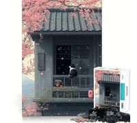 Puzzle da 1000 pezzi per ragazzi Gatto sul balcone con fiori di ciliegio,taglio perfetto,divertente gioco di logica,gioco rilassante,divertimento per il compleanno (38x26cm)