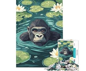 Puzzle da 1000 pezzi per ragazzi Gorilla nell'acqua con ninfee Gioco per famiglie sfida per l'intelligenza giocattolo avvincente regalo per il Secret Santa migliora la memoria (dimensioni 38x26cm)