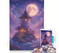 Puzzle da 1000 pezzi per ragazzi: Isola con mulino a vento sotto la luce della luna, gioco educativo, sfida impegnativa, ideale come regalo 50x75cm