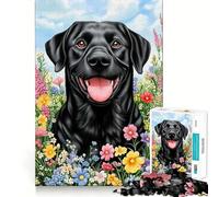 Puzzle da 1000 pezzi per ragazzi,Labrador nero tra i fiori,disegno ritagliato con precisione,gioco stimolante per la mente,gioco rilassante,attività artistica per il tempo libero natalizio 50x75cm