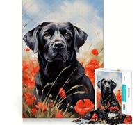 Puzzle da 1000 pezzi per ragazzi Labrador nero tra i papaveri,disegno ritagliato con precisione,gioco stimolante per la mente,gioco rilassante,attività artistica per il tempo libero natalizio 38x52cm