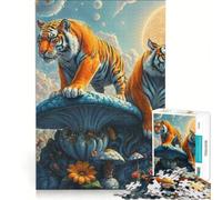 Puzzle da 1000 pezzi per ragazzi: Le tigri guardiane della foresta surreale dei funghi giochi per famiglie migliora la memoria con poster e foglio di curiosità abbinati 38x26cm