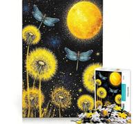 Puzzle da 1000 pezzi per ragazzi: libellule e denti di leone sotto una luna gialla, gioco educativo, regalo di compleanno, ideale come regalo per tutta la famiglia 38x52cm