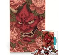 Puzzle da 1000 pezzi per ragazzi, maschera di Hannya circondata da peonie, giocattolo fai-da-te, migliora la memoria, con pezzi di forma casuale completamente ad incastro 50x75cm