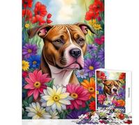 Puzzle da 1000 pezzi per ragazzi Pitbull in un giardino fiorito Giochi divertenti Sfida difficile Giocattoli fai da te Collezione d'artista Belle arti (38X26CM)