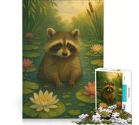 Puzzle da 1000 pezzi per ragazzi: Procione in uno stagno di ninfee Giochi per famiglie Divertimento in famiglia Collezione d'artista Belle arti 50x75cm