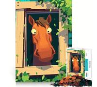 Puzzle da 1000 pezzi per ragazzi,raffigurante un cavallo dei cartoni animati che guarda attraverso una finestra Gioco di incastro preciso,sfida mentale,divertimento e tranquillità Scena natalizia
