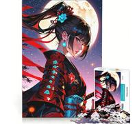 Puzzle da 1000 pezzi per ragazzi raffigurante una donna samurai al chiaro di luna con kimono rosso gioco educativo per divertimento in famiglia regalo per amici e parenti 38x26cm