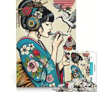 Puzzle da 1000 pezzi per ragazzi, raffigurante una geisha con le cuffie che mangia un dolce, giocattolo educativo per tutta la famiglia, ideale come decorazione da scrivania 38x26cm