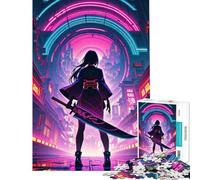 Puzzle da 1000 pezzi per ragazzi raffigurante una ragazza samurai al neon con spada in un paesaggio urbano Puzzle rilassante decorazione da parete ideale come regalo per tutta la famiglia (38x26cm)