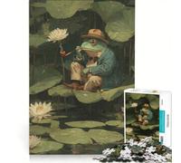 Puzzle da 1000 pezzi per ragazzi: Rana elegante che fuma la pipa nello stagno delle ninfee, gioco impossibile, difficile e stimolante, compleanno e Natale 50x75cm
