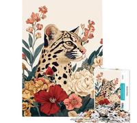 Puzzle da 1000 pezzi per ragazzi ritratto di ocelot con composizione floreale Gioco impegnativo che stimola la memoria e offre un'esperienza interattiva Adatto a ragazzi dai 14 anni in su (50x75cm)