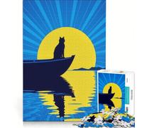 Puzzle da 1000 pezzi per ragazzi: sagoma di gatto su una barca al tramonto, gioco rilassante, divertente e umoristico, sfida unica 38x52cm