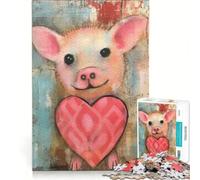 Puzzle da 1000 pezzi per ragazzi San Valentino maialino con un grazioso cuore tecnica mista giocattolo fai-da-te antistress intellettuale adatto come decorazione da scrivania 38x52cm