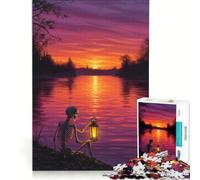 Puzzle da 1000 pezzi per ragazzi: scheletro con lanterna in riva al fiume al tramonto decorazione da parete passatempo ideale per le vacanze a casa per rafforzare l'amore tra le coppie 38x26cm