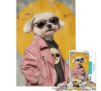 Puzzle da 1000 pezzi per ragazzi simpatico cane con giacca di pelle rosa divertente attività da fare in casa decorazione per la casa giochi rilassanti per ragazzi dai 14 anni in su (50x75cm)