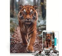 Puzzle da 1000 pezzi per ragazzi: Tigre che cammina nella foresta giochi per famiglie migliora la memoria con poster e foglio di curiosità abbinati 38x26cm