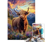 Puzzle da 1000 pezzi per ragazzi Toro delle Highlands tra i fiori selvatici Gioco educativo stimolante per l'intelletto regalo per donne e uomini sfida impegnativa (dimensioni 75x50cm)