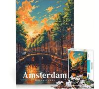 Puzzle da 1000 pezzi per ragazzi, "Tramonto sui canali di Amsterdam in stile vintage", gioco educativo, regalo di compleanno, collezione d'artista, opera d'arte 38x52cm