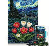 Puzzle da 1000 pezzi per ragazzi Tulipani in un paesaggio notturno stellato Taglio preciso, disegno artistico, gioco divertente, relax, regalo di compleanno (38x52cm)