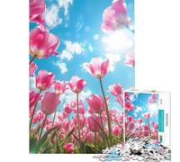 Puzzle da 1000 pezzi per ragazzi Tulipani rosa su sfondo blu gioco pratico e stimolante ideale come regalo di compleanno o per decorare la casa (dimensioni 38x26cm)