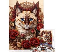 Puzzle da 1000 pezzi per ragazzi "Un gatto in trono tra le rose" gioco rilassante decorazione da parete giocattolo educativo con poster abbinato e foglio di curiosità (38x52cm)