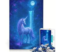 Puzzle da 1000 pezzi per ragazzi: Unicorno al chiaro di luna vicino a una cascata gioco educativo regalo di compleanno collezione d'artista opera d'arte 38x52cm