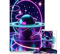 Puzzle da 1000 pezzi "Pianeta al neon con anelli e stelle" per adulti, gioco intelligente, rilassante e divertente, con un motivo da assemblare, un regalo elegante (38x26cm)