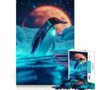 Puzzle da 1000 pezzi "Pinguino sotto la luna rossa" per adolescenti, ideale per migliorare la memoria, rilassarsi e creare un'atmosfera creativa (38x52cm)