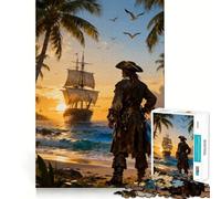 Puzzle da 1000 pezzi "Pirata sulla spiaggia al tramonto" per ragazzi, gioco stimolante per la mente, hobby tranquillo, taglio preciso, regalo stagionale (38x52cm)