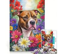 Puzzle da 1000 pezzi Pitbull in un giardino fiorito Gioco rilassante Decompressione intellettuale Collezione d'artista Belle Arti 50x75cm
