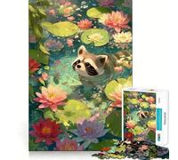 Puzzle da 1000 pezzi "Procione nello stagno delle ninfee" per ragazzi Puzzle che migliora la memoria, rilassante e confortevole, con taglio preciso, ideale come regalo festivo (38x52cm)