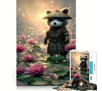 Puzzle da 1000 pezzi "Procione Samurai nello stagno di loto" per adolescenti, stimola la memoria, crea un'atmosfera tranquilla e rilassante, con taglio di alta qualità, un regalo speciale (38x26cm)