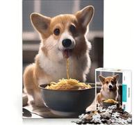 Puzzle da 1000 pezzi raffigurante un cane Corgi che mangia ramen, un gioco rompicapo per allenare mente e mani, ideale come decorazione da scrivania 38x52cm