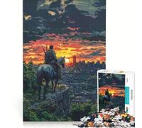 Puzzle da 1000 pezzi raffigurante un cavaliere post-apocalittico che osserva il tramonto sulla città decorazione da parete attività divertenti per la casa collezione d'artista opera d'arte 50x75cm