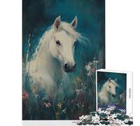 Puzzle da 1000 pezzi raffigurante un cavallo bianco nel prato giocattolo da parete ottimo regalo per i giochi gioco pratico con poster abbinato e foglio di quiz dimensioni 38x52cm