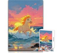 Puzzle da 1000 pezzi raffigurante un cavallo che corre tra le onde dell'oceano al tramonto,gioco di apprendimento per esercitarsi nelle abilità,regalo premuroso per momenti felici,dimensioni 38x26cm