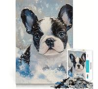 Puzzle da 1000 pezzi raffigurante un cucciolo di Boston Terrier nella neve,un gioco di precisione per stimolare la mente,ideale per momenti di relax e come decorazione natalizia da appendere al muro