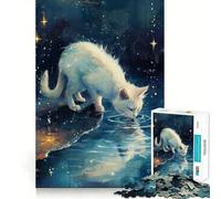 Puzzle da 1000 pezzi raffigurante un gatto bianco che beve acqua di notte,ideale per adulti Gioco di abilità mentale,taglio laser per un incastro,attività gratificante per le giornate di pioggia