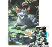 Puzzle da 1000 pezzi raffigurante un gatto Cornish Rex e una rana su una ninfea, un gioco rompicapo che stimola la mente e rilassa, ideale come regalo per tutta la famiglia 50x75cm