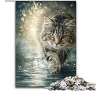 Puzzle da 1000 pezzi raffigurante un gatto Maine Coon che corre, per adolescenti, antistress, per ammazzare il tempo durante le vacanze, con poster abbinato e foglio di quiz (50x75cm)