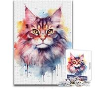 Puzzle da 1000 pezzi raffigurante un gatto Maine Coon in acquerello, per adolescenti, divertente gioco di apprendimento e di intuizione, perfetto regalo festivo e premuroso, dimensioni 38x52cm
