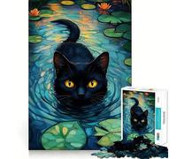 Puzzle da 1000 pezzi raffigurante un gatto nero che nuota in uno stagno di ninfee,con bordi sottili Giocattolo creativo,ideale per il tempo libero e come regalo di compleanno 50x75cm