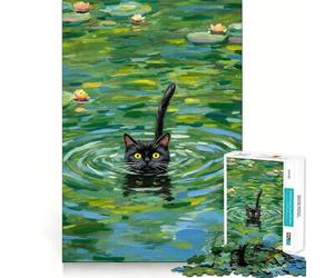 Puzzle da 1000 pezzi raffigurante un gatto nero che nuota in uno stagno di ninfee Gioco di precisione,stimolante per la mente,ideale per momenti di relax e come decorazione da appendere al muro
