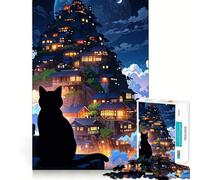 Puzzle da 1000 pezzi raffigurante un gatto nero che osserva un villaggio giapponese,con bordi fini,ideale per lavori creativi,svago e come regalo di compleanno 38x26cm